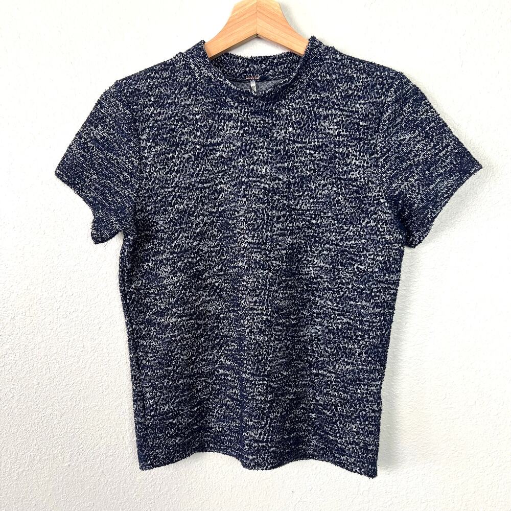 Free People Sz Medium Marled Crop Sweater Tee Navy White Mock Neck Short Sleeves